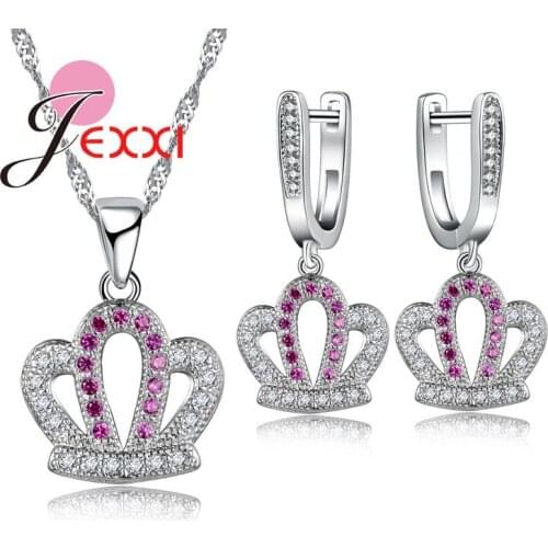 925 Sterling Silver Jewelry Sets Crown Design With Full Shiny CZ Cool Gift For Christmas Birthday Party