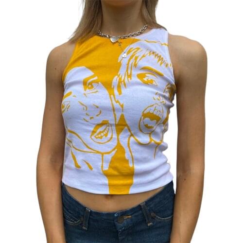 Womens Summer Sexy Midriff-baring Camisole Y2K Retro Human Head Printing Round Collar Sleeveless Tops 90s Slim Base Shirt