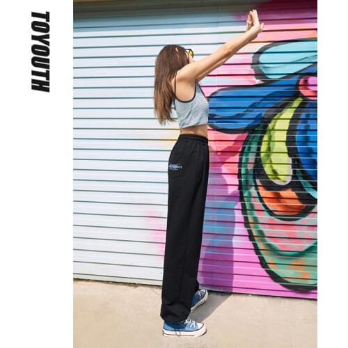 Toyouth Women Pants 2021 Summer Elastic High waist Wide leg Sweatpants Solid Color Sports Vitality Casual Trousers