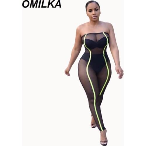 OMILKA See Through Mesh Jumpsuit 2019 Summer Women Strapless Patchwork Neon Green Patchwork Off the Shoulder Club Party Playsuit