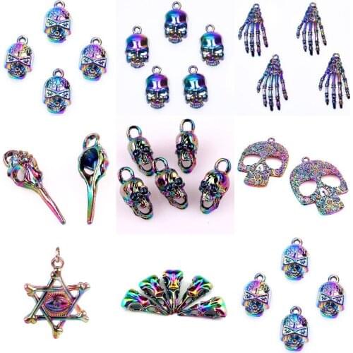 10Pcs Retro Style Crow Bird Skull Charms Skeleton Hand Pendant Women Men Earring Bracelet Halloween Gift Jewelery Accessories