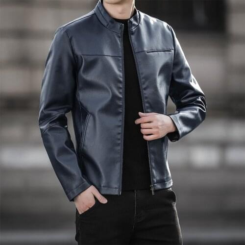 2021 Mens Trendy Stand Collar Motorcycle Leather Jacket Teenagers Stitching New PU Leather Jacket