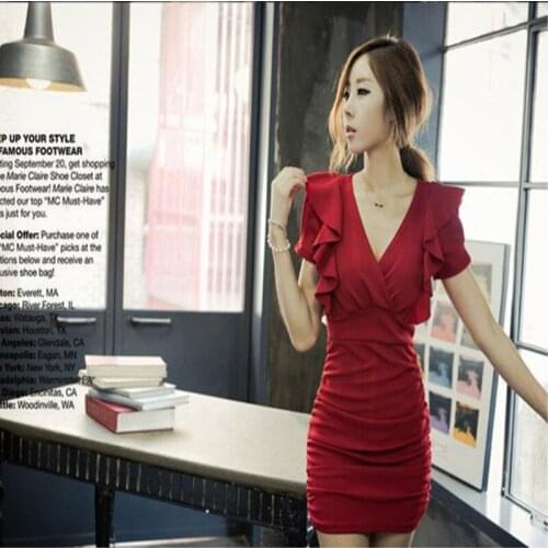 2021 European And American New Womens Sexy Low-Cut V-Neck Lotus Leaf Lace Miniskirt Dress black red