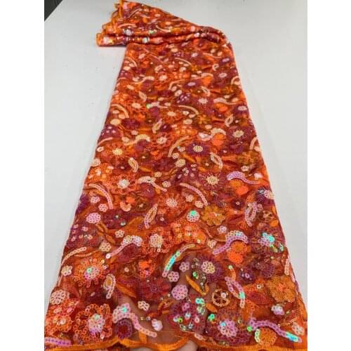 5yards/pc) Wonderful embroidered French net lace orange African sequins tulle lace fabric high quality for party dress FXZ093