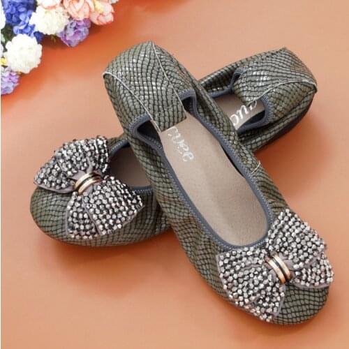 Snake Embossed Genuine Leather String Bead Bow Low Heels Lady Ballet Flats Loafers Shoes Plus Size 43 Womens Ballet Flats Shoes