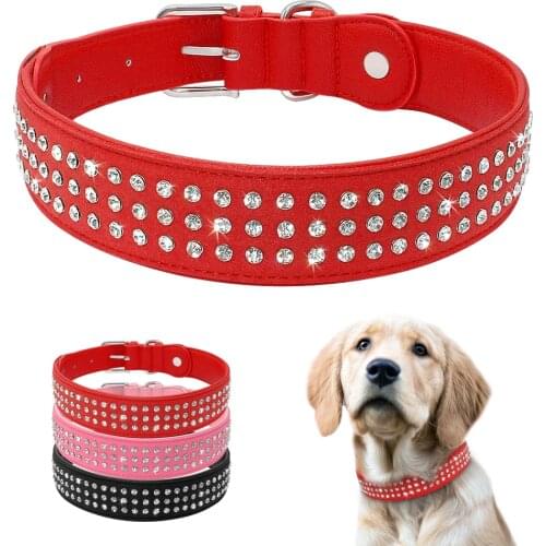 Bling Rhinestone Dog Collar Adjustable Crystal Diamond Leather Collar Perro For Meidum Large Dogs Black Red M/L/XL
