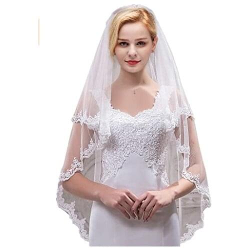 Brinote Lace Appliqued Bride Wedding Veil with Comb 2-Tier Short Waist Length Bridal Veils Soft Tulle Hair Accessories for Bride