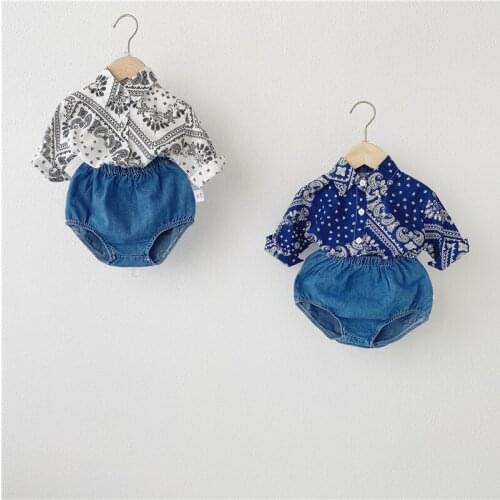 8567 Baby Suit 2021 Autumn New Korean Baby Cashew Flower Shirt +Denim Bag Pants Boys Two Piece Suit Fashion Girls Clothing Set