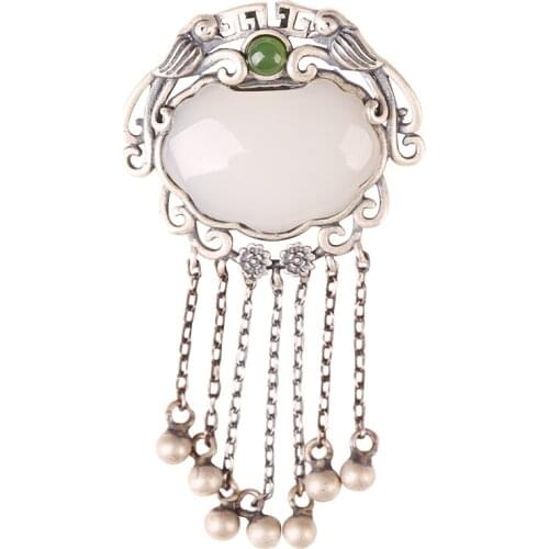 Designer retro S925 silver Hetian jade white jade womens Ruyi lock tassel bell jade pendant Necklace