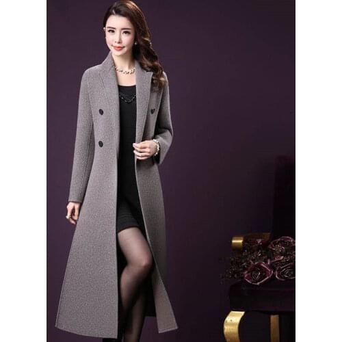 Plus Size 4XL Long Woolen Coat Women 2021 Autumn Winter Fashion Slim Double Breasted Wool Overcoat Elegant Female Jacket H1128
