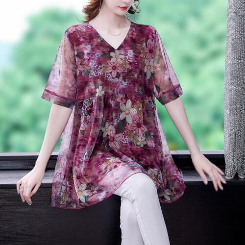 Middle-aged Womens T-shirt 2021 Summer Short-sleeved Chiffon Bottoming Shirt Mesh Printed Oversized Loose Blusas Tops