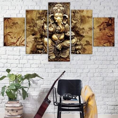 Ganesh Red Maple Tree East Indian Hindu God Statue no Framed 5 Piece Canvas Wall Ar HD Print Home Decor Pictures 5 panel Art
