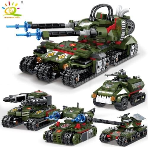 HUIQIBAO Military Apocalypse Tanks Chariot Building Blocks City WW2 Tank Car Soldier Figures Weapon Bricks Toys For Children