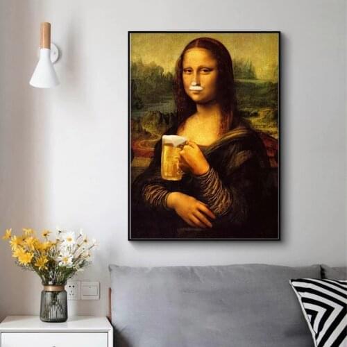 Spoof fun Mona Lisa drinking beer Canvas Painting Posters and Print Quadro Wall Art Picture for Living Room Cuadros Home Decor