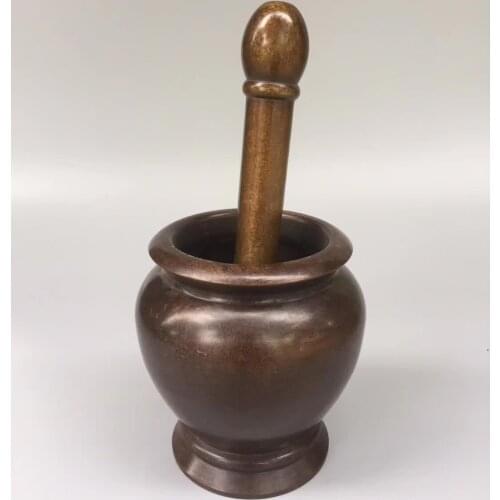 Collection Chinese Pure Brass Carved Ancient Tamping Pot Grinder Jar Longevity Lucky Healthy Statue Home Decoration