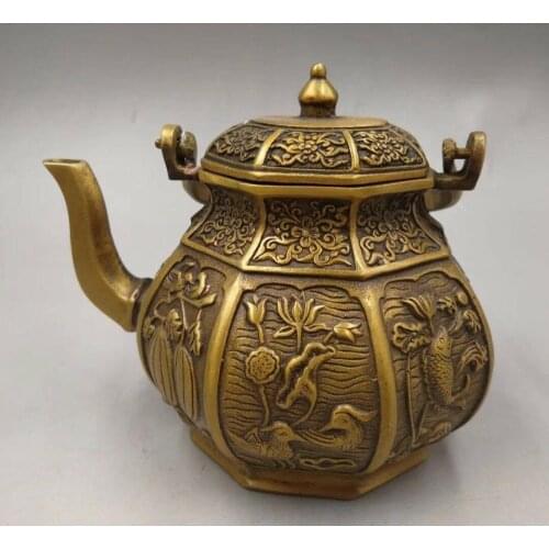 Chinese Old copper handmade Lotus mandarin duck（eight treasures） teapot flagon Home decoration Statue