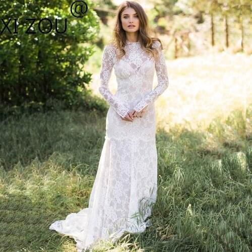 Xizou Vintage French Lace Long Sleeves Wedding Dress Keyhole Back Mermaid Bridal Gowns