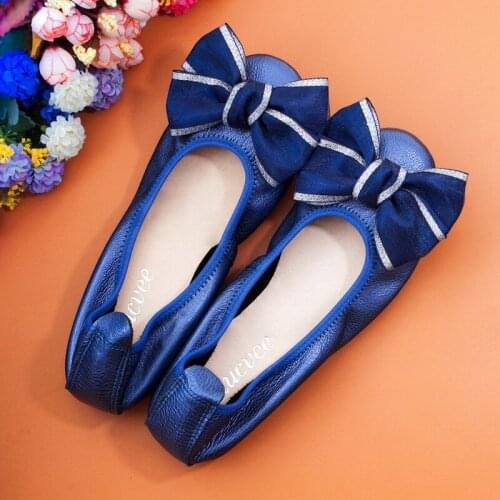 Luxury Genuine Leather Flats Women Wedding Shoes Round Toe Female Dress Moccasins Sweet Bow Flat Heel Ladies Fashion Ballet Flat