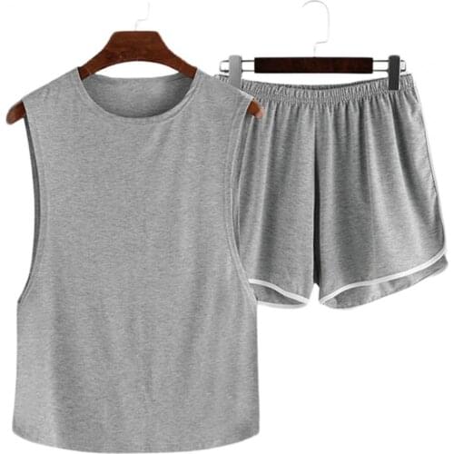 Mens Pajamas Sets Casual Sleepwear Sleeveless Elastic Men Solid Color Comfortable Pajamas Set for Family Homewear Plus Size