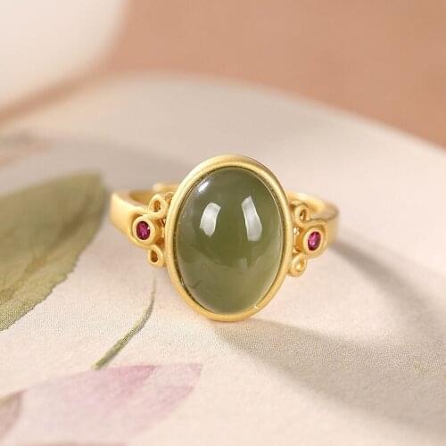 Natural Gray Jade Oval Ring S925 Sterling Silver Hetian Jade Ruyi Open Ring Womens Jade Gold Ring