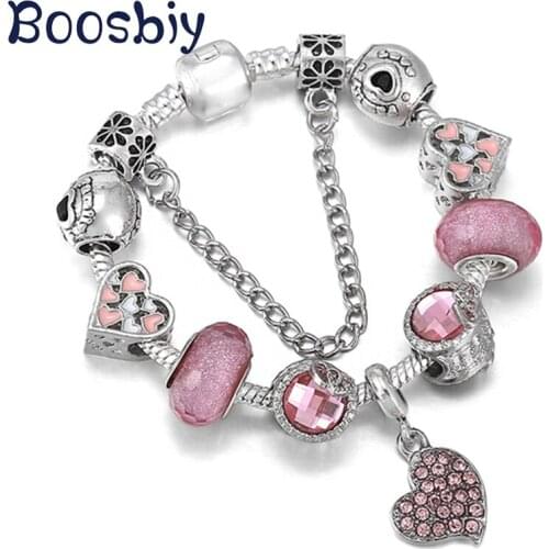 Silver Plated Snake Chain Charm Bracelet With Pink Love Heart Charm Beads Pendants For Women DIY Romantic Brand Jewelry Gift