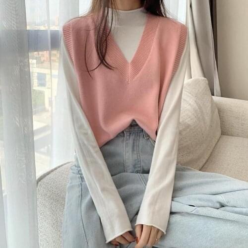 Casual Tank Tops Women Autumn 2020 Korean Style Cute Solid Color V Neck Knitted Sweater Vest Sleeveless Pullover Waistcoat T500