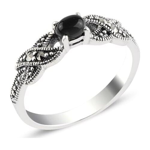 Silverlina Silver Onyx & Marcasite Ring