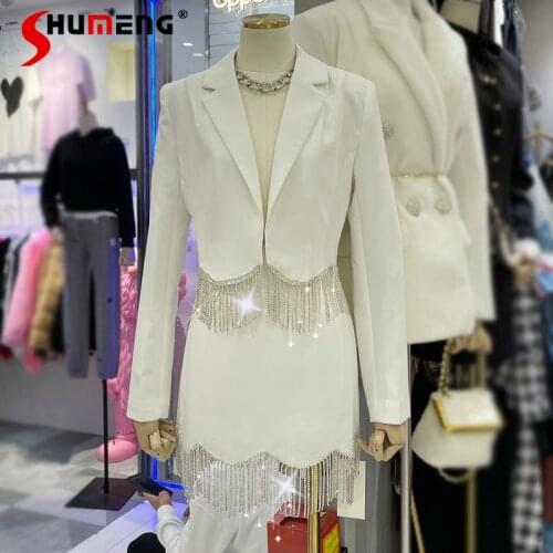 2021 Spring New Diamond Tassel Chic Suit Top Suspender Dress Office Lady Fashion Dress Set Rhinestone Mini Skirt 2 Piece Outfits