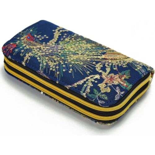 8PCS / LOT Womens Wallet National Style Peacock Embroidery Purse Canvas Long Large Purse Double Zipper Wallets Handbags