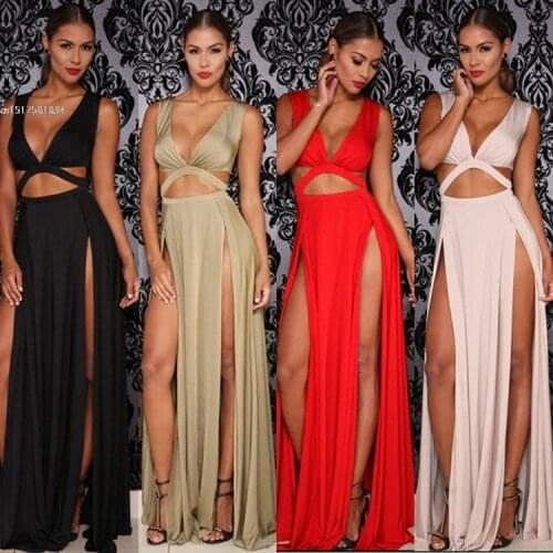 2021 Women Sexy Sleeveless V-neck High Slit Hollow Out Bodycon Bandage Dress for NightClub Party Long Wrap Maxi Dress Vestido u2