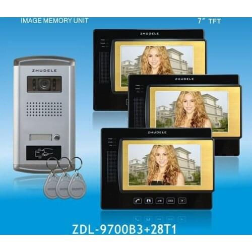 ZHUDELE 4-Wire doorbell 7" luxury color video door phone,CCD camera,ID card unlocked & waterproof ,touch screen,nightvision(1V3)