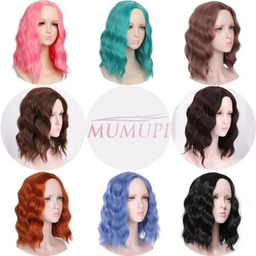 40cm Short Bob Synthetic Wig Lolita Wavy Hair Middle part Pink Blue Black Wigs for Women Daily Party hair extension