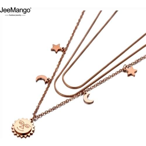 JeeMango Bohemia Stainless Steel Three-layer Sun Star Moon Choker Necklaces Pendant Chain & Link Necklace For Women Girl JN20016