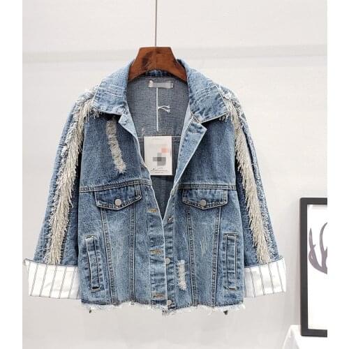 2021 Spring Autumn Europe Style Womens Cropped Ripped Jean Jacket Women Heavy Industry Broken Trim Fringed Drilling Denim Femme