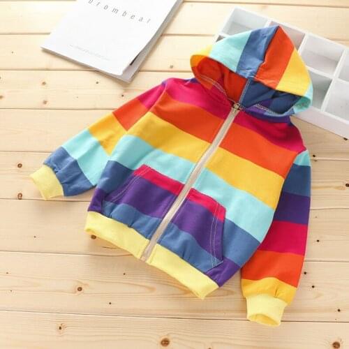 2021 Girls Jackets rainbow Baby Cotton Spring And Autumn Kids Zip Hooded Girls Outwear Striped Casual Coat Children Clothing1-8Y