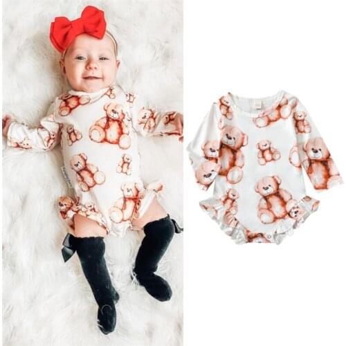 Newborn Baby Romper Jumpsuit Cartoon Bear Printed Long Sleeve Boys Girls Infant Button Casual Triangle Romper Autumn