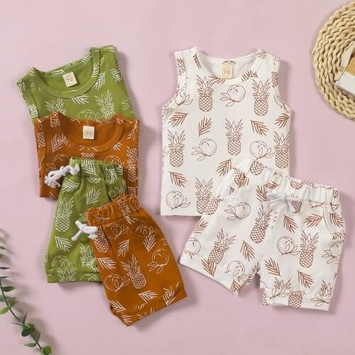 Kid Child Casual Vest and Shorts Suit Fresh Pineapple Printed Sleeveless Tops and Short Pants