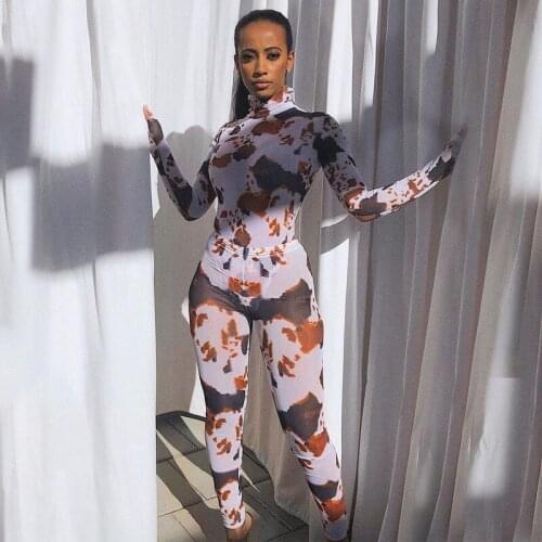 Imcute 2021 Sexy 2 Pieces Womens Set Tracksuits Leopard Print Turtleneck Bodysuits Rompers High Waist Long Pants Trousers