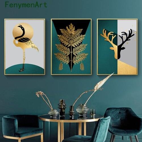 Nordic Golden Flamingo Elk Canvas Painting Gold Green Plant Animal Poster Print Modern Minimalist Wall Art Picture Home Decor