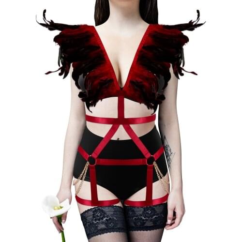 Feather Harness Underwear Set Leg Chain Garter Belts Sexy Women Waist To Leg Bondage Cage Body Straps Garter Belt Suspender Ling