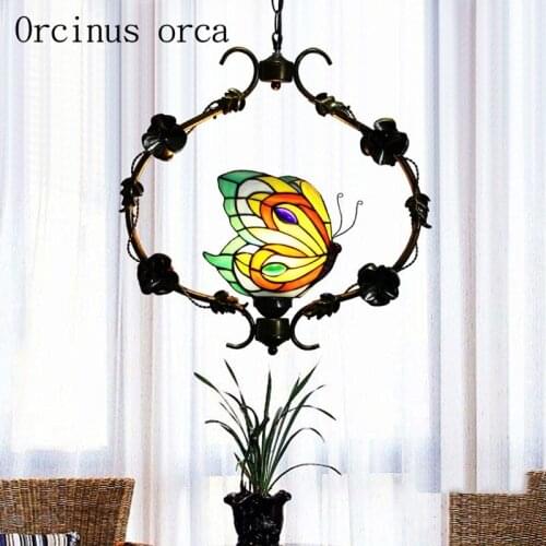 Mediterranean creative single head butterfly chandelier lamp restaurant entrance aisle balcony retro stained glass chandelier