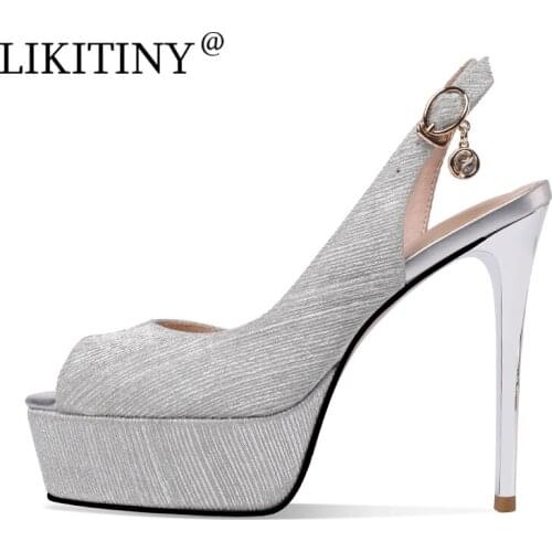 LIKITINY Summer high heels womens party shoes Buckle strap Stilettos heels ladies platform silver glitter Sandals peep toe 33