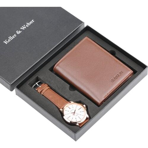 Business Men Watch Wallet Set Quartz Roman Numerals Dial Clock Brown Leather Strap Pin Buckle Mens Purse Gift Box for Boyfriend