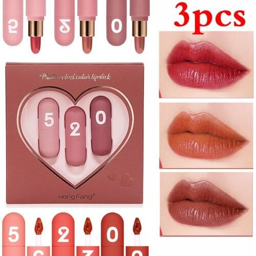 3 pcs Natural Matte Lipstick Matte Lip Glaze Waterproof Lipstick Sexy Long Lasting Makeup Non-Stick Cup Lip Tint Korean Cosmetic