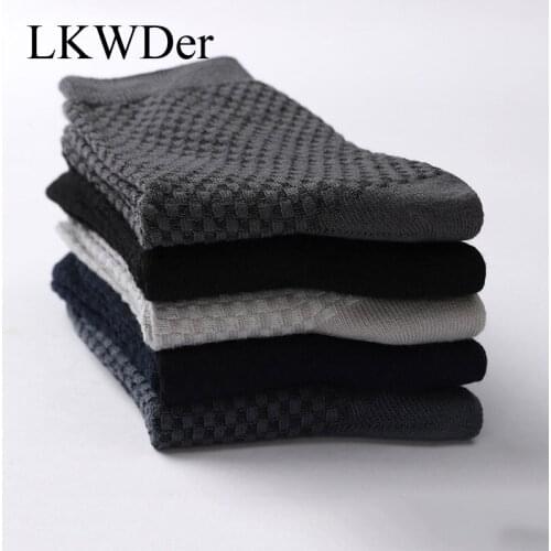 LKWDer 5 Pairs Men Bamboo Fiber High Quality Solid Color Business Casual Sock Breathable Deodorant Casual Socks Checkered No Box