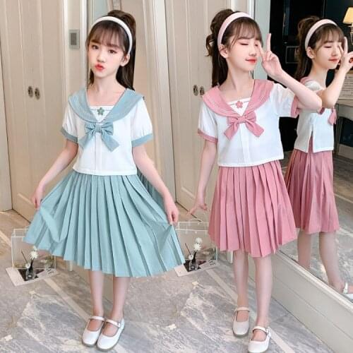 2021 teenager Kids Girls Clothes Summer Bow sailor t shirt Tops + Pleated Skirt JK Outfits Children Costume 5 6 7 8 9 10 12 year