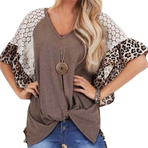V-neck Short Bat Sleeve Leopard Print Hollow T-shirt Women Summer Casual Hem Folds Fashion Plus Size Female Elegant Tee Shirt