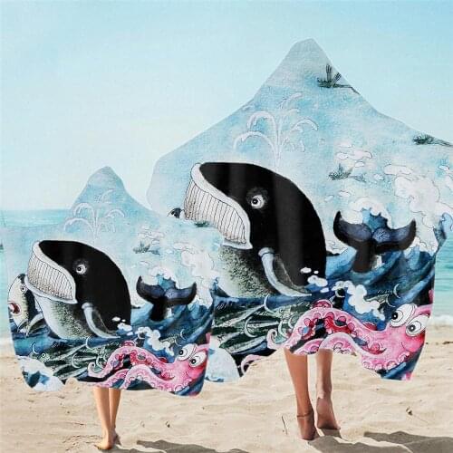 Sea World Printed Microfiber Beach Towel With Cloak Quick Drying Absorbent Bath Hooded Poncho Towels For Parent-child Beachwear