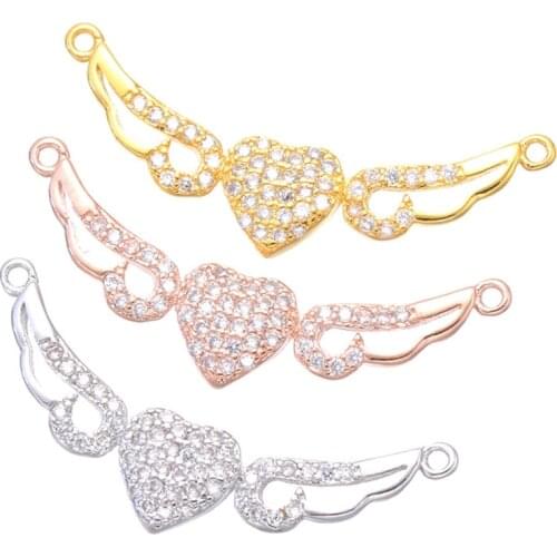 Juya DIY Micro Pave Crystals Angel Heart Wings Connector Charm Pendants For Women Mermaid Choker Necklace Handmade