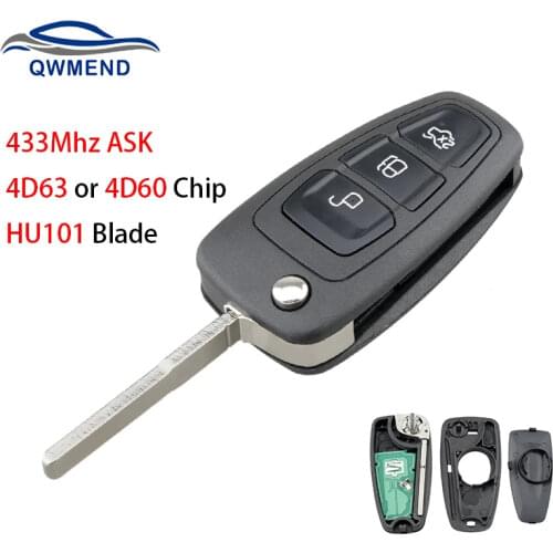 BHKEY 3 Buttons ASK Remote Key for Ford C-Max Focus Fiesta Mondeo 4D63 or 4D60 Chip 433Mhz Smart Flip Car Key